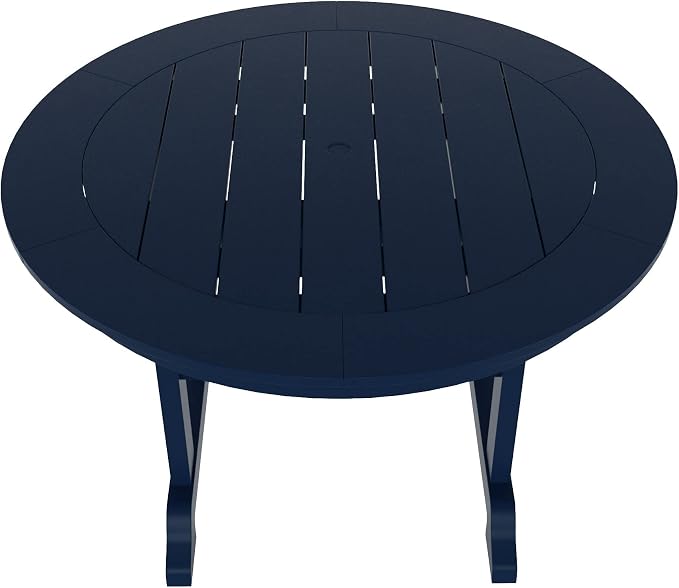 WestinTrends Malibu Patio Dining Table, All Weather Poly Lumber Adirondack 47" Trestle Round Outdoor Table with Umbrella Hole, Navy Blue