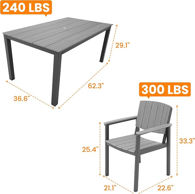 Aluminum Outdoor Patio Dining Table for 4-6 Person, All-Weather Rectangular Outdoor Table with Umbrella Hole for Garden Backyard Poolside Grey