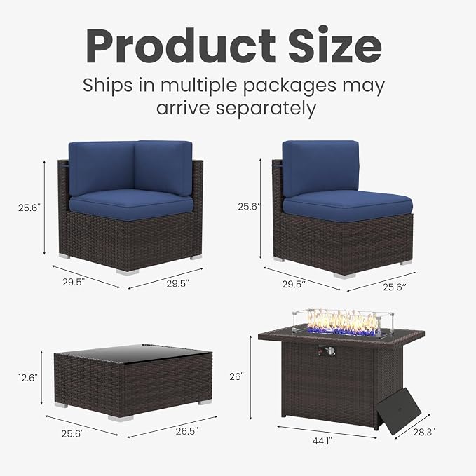 15 Pieces Patio Furniture Set with 44" Propane Gas Fire Pit Table, Outdoor Sectional Brown Rattan Wicker Conversation Sofa Sets with Coffee Table