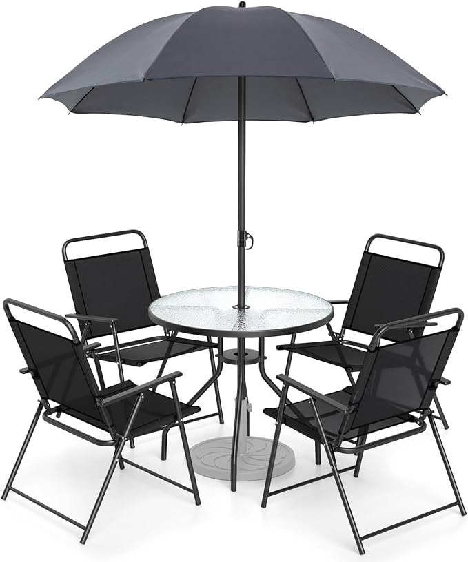 Tangkula 6 Pieces Folding Patio Dining Set, 4 Chairs and 31.5 inches Round Table, Patio Umbrella Included, for Indoor Outdoor Poolside or Balcony