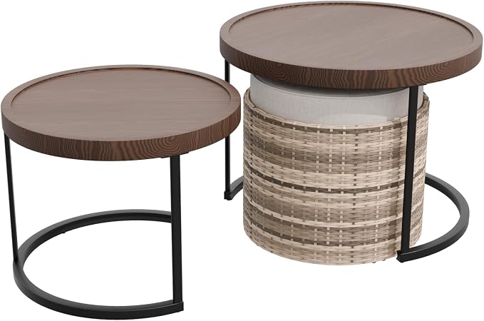 Cabana Chic Nesting Tables with Ottomans, Outdoor Round Side Table, Nesting Coffee Table Set, 2 Tables 1 Ottoman, Brown/Beige