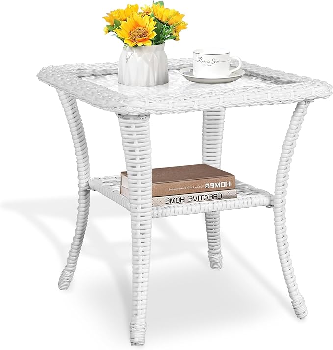 MEETWARM Wicker Outdoor Side Table, All-Weather Patio Rattan Side Table with Tempered Glass Top and Storage Shelf, Small Patio End Table for Outside Indoor Outdoor Balcony Porch Deck, White