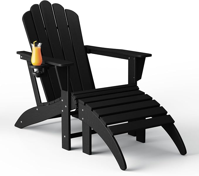 Costaelm Lakeview 2-Piece Outdoor Patio HDPE Adirondack Chair with Ottoman and Cup Holder Set, Black