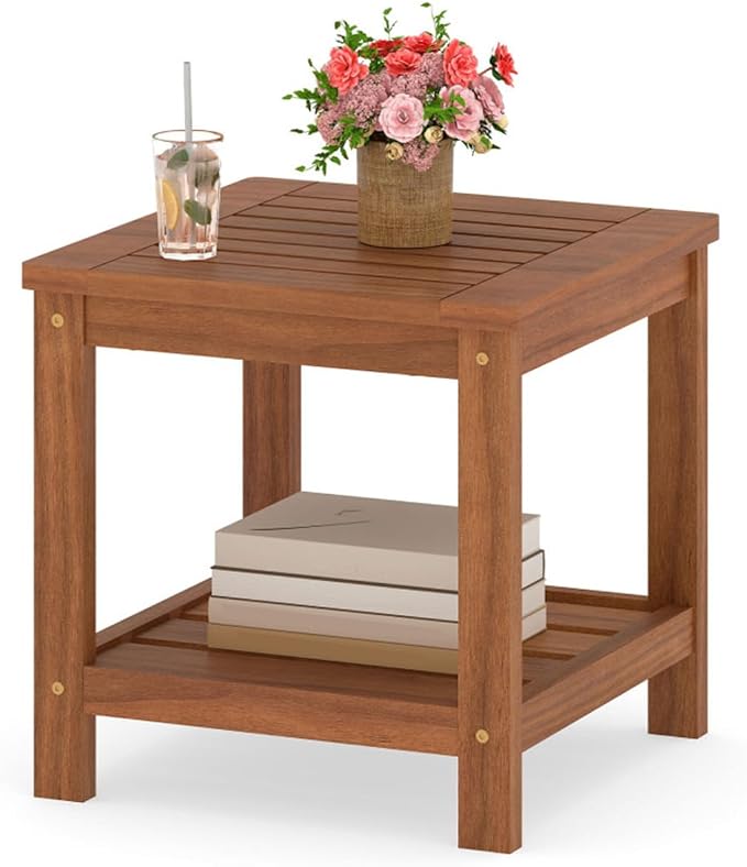 Outdoor Side Table, 2-Tier Solid Wood Patio End Table with Storage Shelf, 18 Inch Square Coffee Table with Teak Oil Finish for Garden, Poolside, Balcony and Living Room, Natural