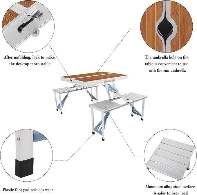 Folding Picnic Table with 4 Seats and Umbrella Hole, Portable Camping Picnic Table Set, Folding Lightweight Suitcase Card Table for Barbecue, Travel, Outing, Gathering