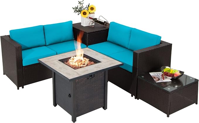 COSTWAY 5 Piece Patio Furniture Set with 30'' Fire Pit Table, Outdoor Wicker Rattan Loveseat Sofa with 4'' Thickened Cushions, 2 Side Tables, Sectional Conversation Set for Backyard (Turquoise)