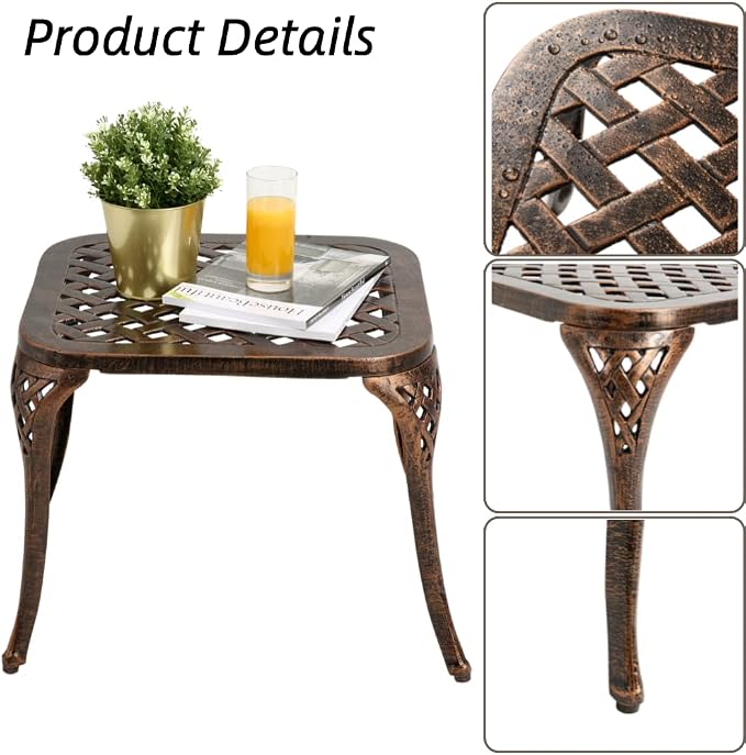 Patio End Metal Table, Outdoor Side Table Cast Aluminum Furniture for Garden, Poolside, Antique Bronze