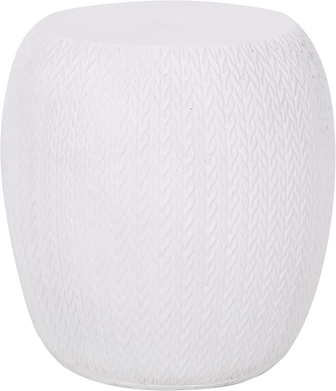 Outdoor Side Table 15.75" Drum Shape Lightweight Concrete-Look Outdoor Indoor Accent Table Decorative Garden Stools, for Patio Porch Living Room, White