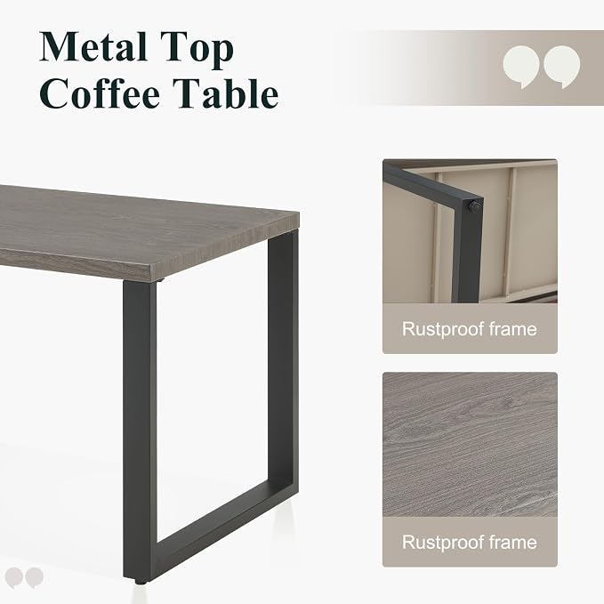 Belord Patio Coffee Table: Rectangular Heat Transfer Top Metal Outdoor Coffee Table with Storage, Anti-Rust Frame Modern Outdoor Table Furniture, 59" W Grey