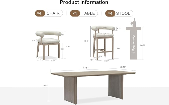 PURPLE LEAF 5 Pieces Patio Dining Set with Counter Stools, Seamless Table | Wraparound Backrests, Textured Olefin Fabric, Cushioned Armrest, Aluminum, Hand-Braided Rope Table Base, Earth-Tone Palette