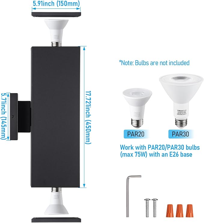 LEONLITE 2-Pack 18" Outdoor Rectangular Wall Light, Up and Down, E26 Base | Modern Porch Patio Lights, Waterproof Wall Sconce, Exterior Light Fixture Wall Mount, Aluminum, Matte Black, ETL Listed
