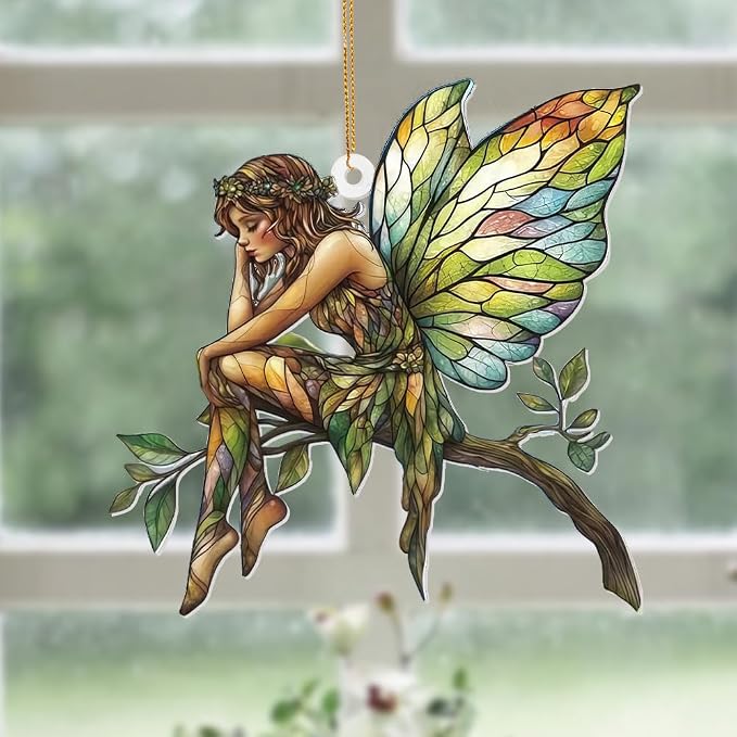Stained Glass Fairy Ornament β Acrylic Suncatcher Window Hanging, Woodland Fantasy Decor, Christmas Tree Ornament 2026, Car Rearview Mirror Charm, Gift for Fairy Lovers, Women, Girls, Teachers(Sun-10)