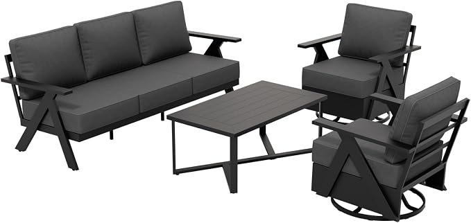 COOS BAY Iron Luxe 4 Piece Outdoor Patio Furniture Set, Modern Patio Conversation Set with 2 Swivel Rocking Chairs, a 3 Seat Couch & Coffee Table for Deck, Garden, Porch, Black/Gray