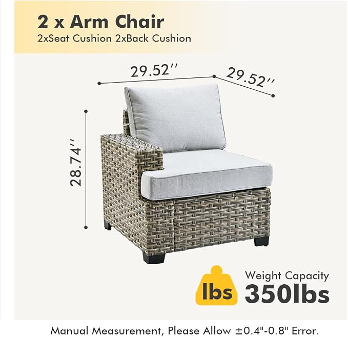 HOOOWOOO Outdoor Sectional Patio Furniture Set,2 Pieces Single Arm Wicker Chairs,Extra Deep Out Door Sofa Outside Furniture,Light Gray