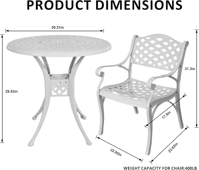 5 Piece Patio Dining Set, All Weather Cast Aluminum Outdoor Dining Table and Chairs Set of 4, Patio Furniture Conversation Set with 4 Chairs and 30.31" Round Table, 2.36" Umbrella Hole