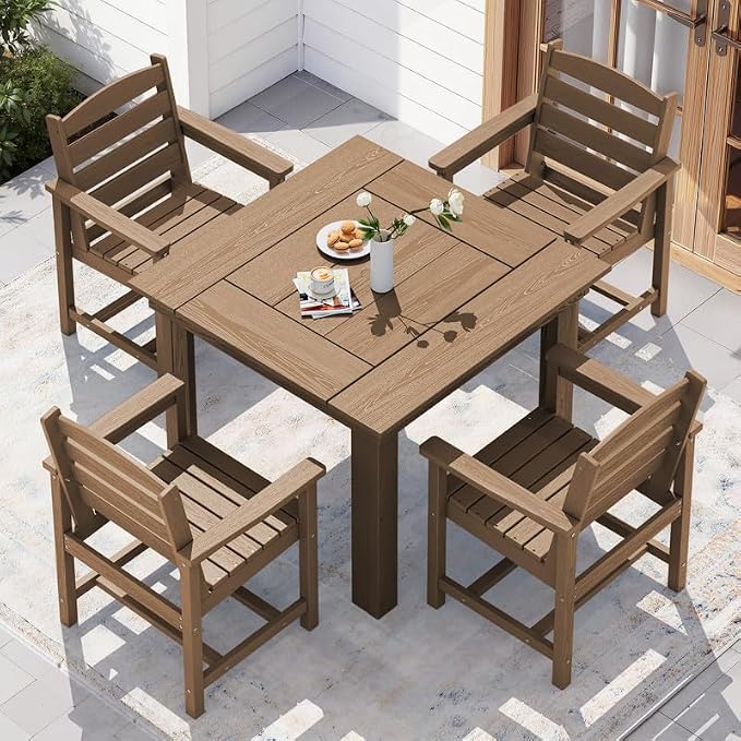 KINGYES 8-Piece HDPE Outdoor Dining Set for 6, Square Patio Table & Armchairs with Umbrella Hole, All-Weather Patio Dining Set for Backyard, Garden, Lawn & Poolside, Brown