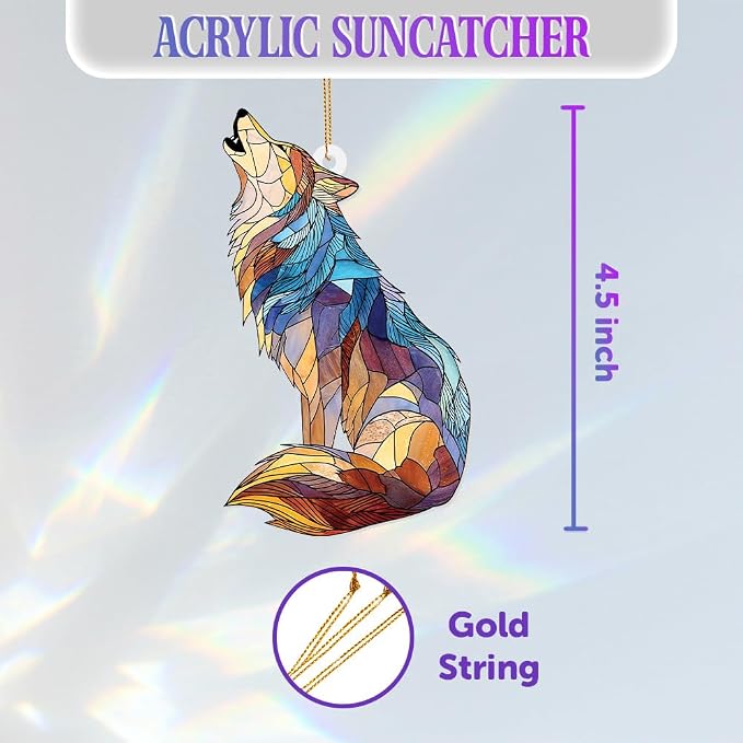 Wolf Stained Glass Ornament, Howling Wolf Window Hanging Acrylic Suncatcher, Wildlife Animal Decor for Home, Car Mirror, Office, Collectible Ornament Gift for Wolf Lovers (Sun-09)