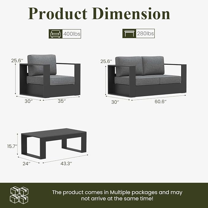 LayinSun Oversized Aluminum Outdoor Furniture Set, 4 Piece Patio Sofa Sets with Coffee Table, Deep Seating and Upgraded 6-inch Cushions for Porch, Balcony, Deck