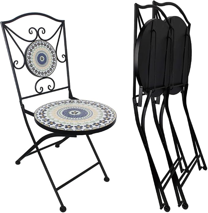3 Piece Bistro Sets Mosaic Tile Round Table Folding Chairs Garden | Set of 3 Patio Furniture 23.6" Table and 2 Chairs Outdoor Bistro Chairs Artistic Table for Balcony Porch Apartment Backyard