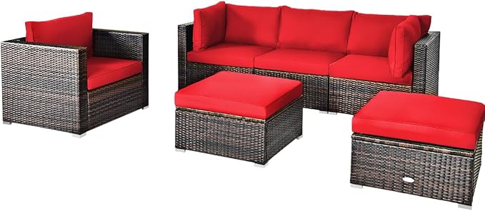 Tangkula 6 Pieces Wicker Patio Furniture Set, PE Rattan Outdoor Sectional Conversation Set with Glass Coffee Table & Ottoman, Wicker Sofa Set with Cushions for Yard Garden, Deck, Porch (Red)