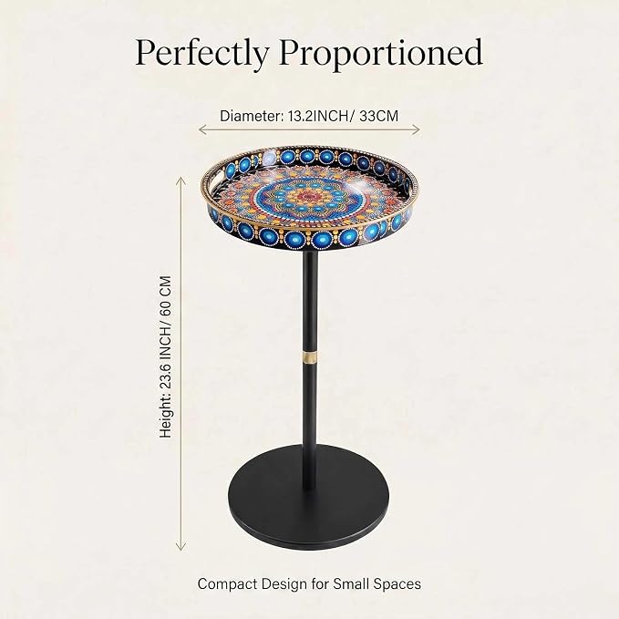 Gesodant Boho Single Leg Round Side Table with Tray Top, Pedestal Drink Table for Small Spaces, Aesthetic Accent Nightstand for Living Room, Bedroom, Corners, and Office (Peacock)