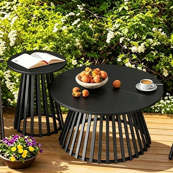 Round Small Outdoor Coffee Table, 15.6 Inch Metal Steel Patio Side Table, Patio Furniture Accent Bistro End Table, for Garden, Pool, Yard, Balcony, Living Room, Deck, Weather Resistant, Black