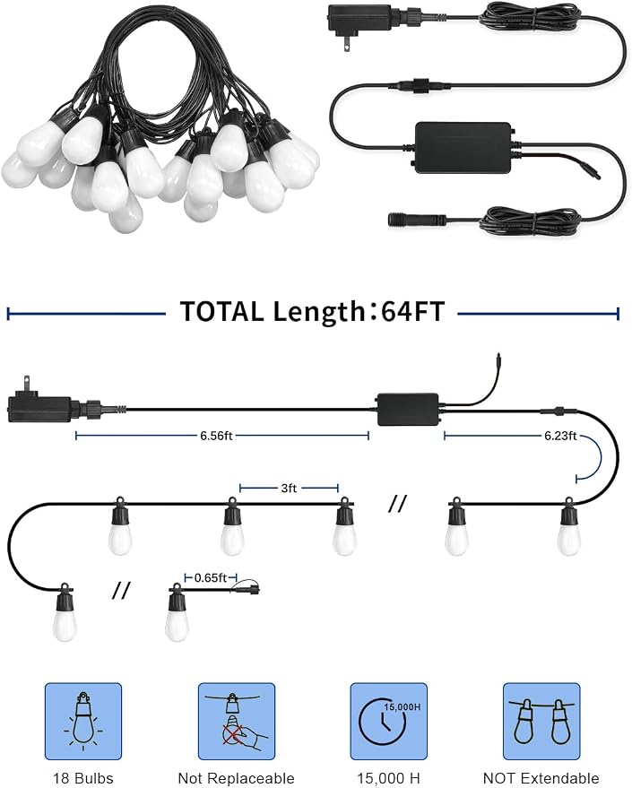 Outdoor String Lights 18 LED Bulbs, 64(52+12) ft RGB+IC+Warm White | APP Control with Remote,Outdoor Lights Music Sync for Garden Party Decor Christmas, NOT Extendable