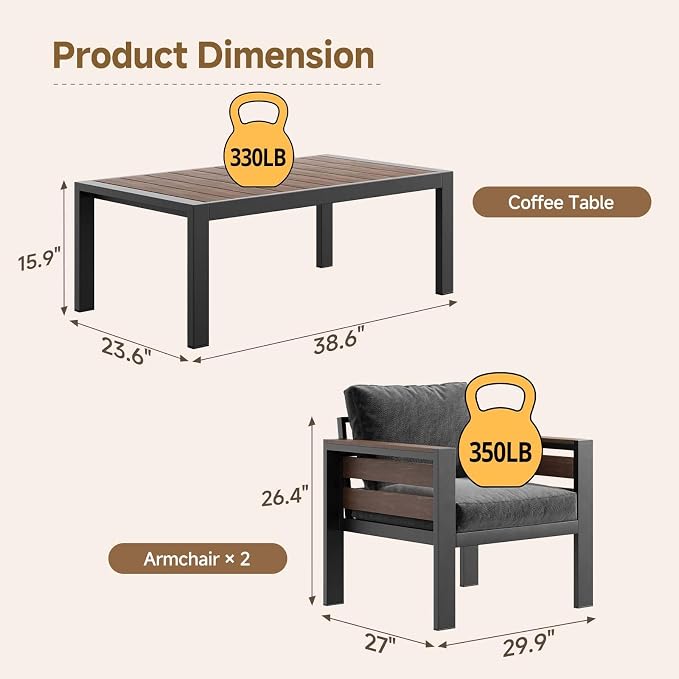 Outdoor Aluminum Patio Furniture Armchair, 2Pcs Rust-resistant Patio Conversation Armchair with Thick Washable Cushions and Coffee Table, Oversized 3.2” Widened Armrest for Backyard Porch Deck