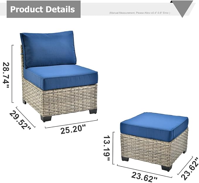 HOOOWOOO Outdoor Sectional Patio Furniture Set,3 Pieces Set with 1 Armless Wicker Chair and 2 Ottomans,Extra Deep Out Door Sofa Outside Furniture,Navy Blue