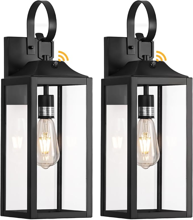 19" Large Dusk to Dawn Outdoor Lighting 2 Pack, Black Sensor Porch Lights | Waterproof Exterior Lighting Fixtures, Modern Wall Lantern, Outdoor Wall Lights Wall Sconce Lamp for House, Doorway, Garage
