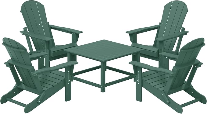 Costaelm Patio Conversation Set, 5 piece Balcony Furniture, Small Patio Firepit Furniture Outdoor Adirondack Square Coffee Table and Chair for Backyard Lawn Porch Pool Garden, Dark Green