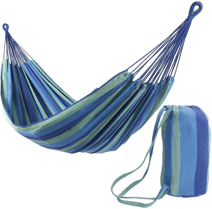 VALUE BOX Brazilian Double Hammock Cotton Hammock, Extra Long and Wide Hammock for Travel, Backyard, Porch, Outdoor or Indoor, w/Portable Carrying Bag (Blue)