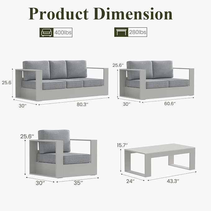 LayinSun Oversized Aluminum Outdoor Furniture Set, 5 Piece Patio Sofa Sets with Coffee Table, Deep Seating and Upgraded 6-inch Cushions for Porch, Balcony, Deck