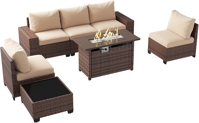 Aoxun Outdoor Patio Furniture Set with 44'' Fire Pit Table, 7 Pcs Outdoor Patio Furniture Sets with 4in Thicken Cushion, Widen Armrests Wicker Outdoor Sectional for Backyard & Garden, Beige