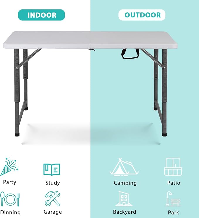 SUPER DEAL Portable 4 Foot Plastic Folding Table, Indoor Outdoor Heavy Duty Fold-in-Half Picnic Party Camping Barbecues Table with Carrying Handle, White