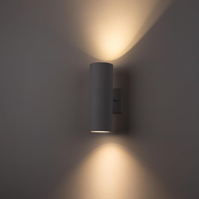 mirrea 12" Modern Outdoor Porch Light in 2 Lights, 2 Pack, Matte White | Aluminum cylinder exterior fixtures, tempered glass cover, waterproof wall sconce & patio light for outdoor use.