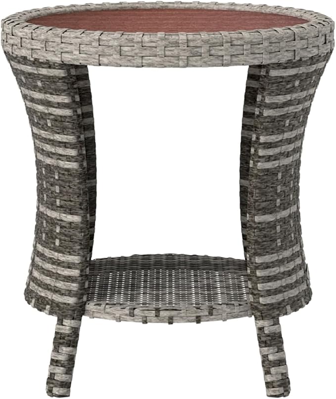 Outdoor Rattan Side Table with 2-Tier Storage, 18.1" Hourglass Shape Outdoor End Table, PE Wicker Bistro Coffee Table with Wood-Plastic Composite Top for Patio Garden Balcony, Light Gray