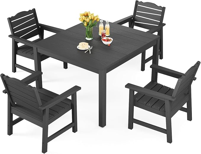 5-Piece Patio Dining Sets, Outdoor Dining Table w/Aluminum Frame and 4 Chairs, Weatherproof HIPS Dining Furniture Set with Umbrella Hole, for Backyard, Garden, Lawn, and Poolside, Black