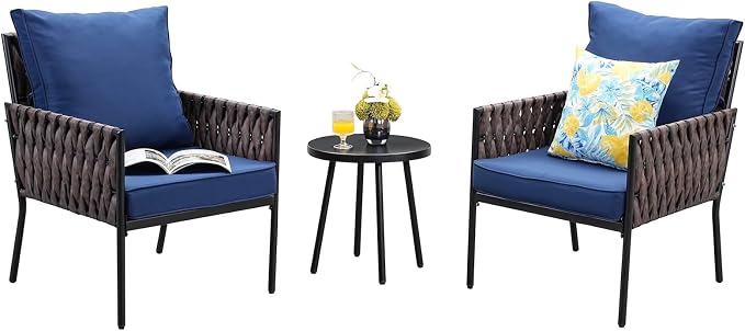 JOYURE 3-Piece Patio Furniture Set, Armchairs with Coffee Table,Modern Wicker Outdoor Conversation Set with Waterproof Thick Cushion for Deck,Backyard,Porch,Navy