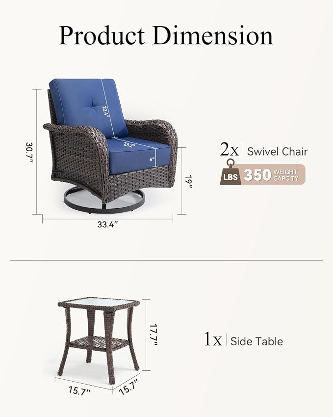 Outdoor Patio Swivel Rocker Chairs Set of 2 with Table, All-Weather Wicker Rattan Patio Furniture Set with 6-Inch Thick Cushions, Conversation Seating for Porch Backyard Deck (Navy Blue,3 PCS)