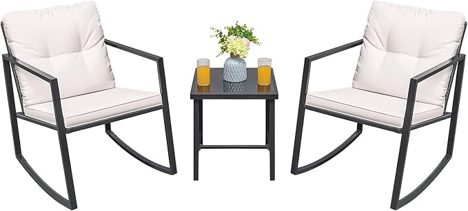 Greesum 4 Pieces Wicker Rattan Patio Furniture Sets with Loveseat, Chairs, Table and 3 Pieces Rocking Bistro Set with Porch Chairs, Coffee Table