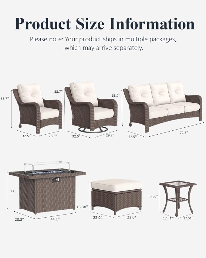 LayinSun 10 Piece Wicker Outdoor Furniture Set with 6-inch Comfy Cushions, High Back Patio Furniture Set with Swivel Rocking Chairs and Fire Pit Table