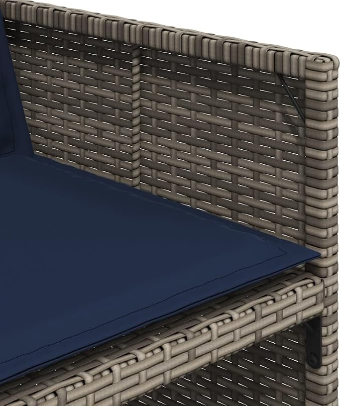 9 Piece Garden Dining Set with Cushions Grey Poly Rattan Outdoor Patio Furniture Table and 4 Chairs with Foldable Backrest Tempered Glass Top Navy Blue Cushions Space Saving Stackable