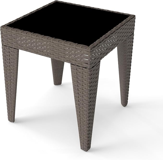 Kinfant Rattan Patio Side Table - Modern Wicker End Table, PE Rattan Coffee Table with Glass Top, Weather-Resistant Patio Furniture for Patio, Balcony, Garden, and Poolside (1, Rattan Sesan)