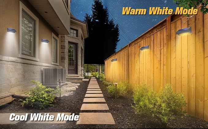 Bridika Solar Fence Lights - Outdoor Waterproof Warm White & Daylight White LED Solar Lights for Backyard, Deck, Stair Handrail and Wall (8 Packs, Plus Size)