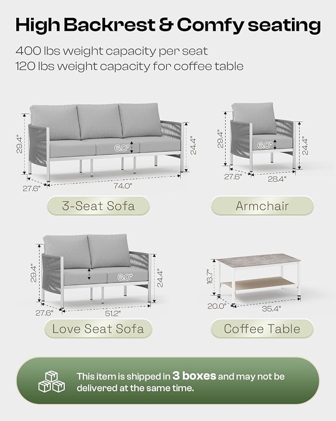 Aluminum Patio Furniture Set, 5 Seats Modern Outdoor Sectional Furniture with PE Rope & Dual-Layer Coffee Table, Luxury Patio Conversation Sets with 6" Cushions for Backyard/Garden, Silver