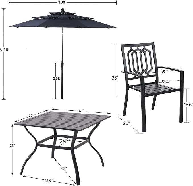PHI VILLA 5 PCS Patio Dining Set w/Umbrella(Navy Blue) | 37" metal table w/ umbrella hole &4 stackable chairs& 10ft blue umbrella. Rust-resistant e-coated frame. Perfect for patio