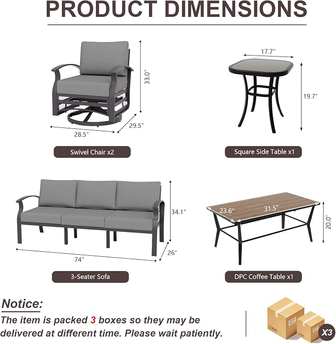 ALAULM Aluminum Patio Furniture Set with Coffee Table Rectangular, 5-seat Outdoor Sectional Furniture w/2 Swivel Chairs, Patio Conversation Set for Porch, Backyard, Poolside-Grey