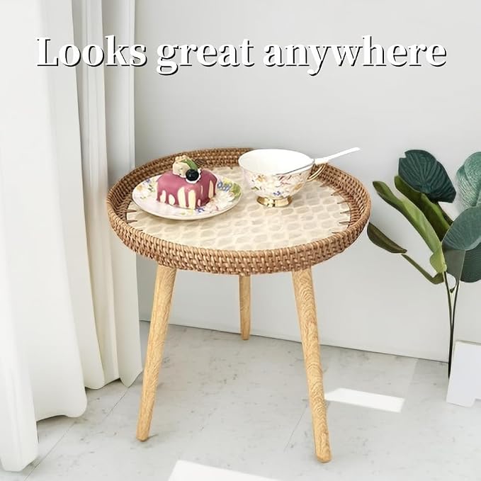 Small Rattan Side Table/Round Coffee Table for Small Spaces, Mini Modern Coffee Table with Shell Design Tray, Outdoor End Tables for Patio, Boho Nightstand for Bedroom or Living Room