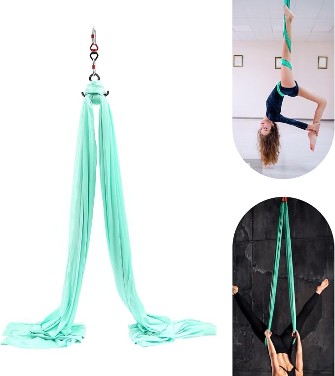 Aerial Yoga Hammock, Green, Polyester, 19.68x8.53 ft, Ceiling-Mounted, 440 lbs Capacity, with Carabiners and Extension Straps, for Yoga, Dance, Acrobatics